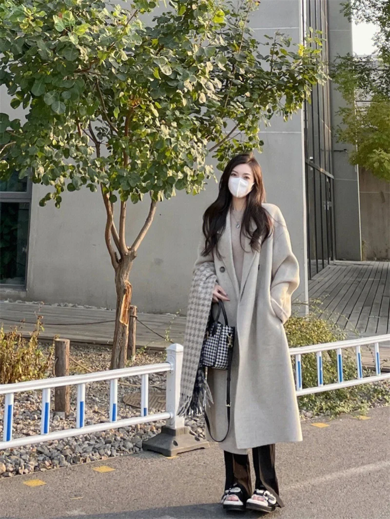 Женское двухстороннее шерстяное пальто средней длины в Корейском стиле с