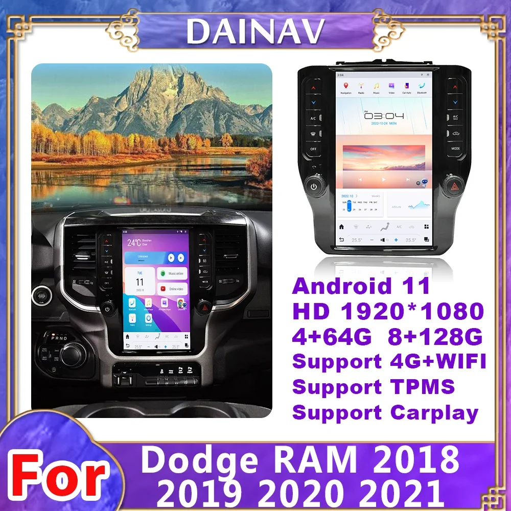 

12,1 дюймовый экран Qualcomm Tesla для Dodge Ram 2018 - 2021 автомобильный радиоприемник с вертикальным экраном Android 11 головное устройство мультимедийный плеер