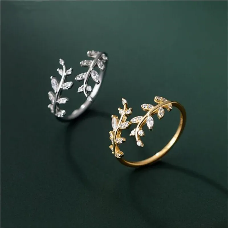 

925 Sterling Silver Personality Crystal Leaf Rings for Women Wedding Adjustable Finger Ring Birthday Female Fine Jewelry Gift