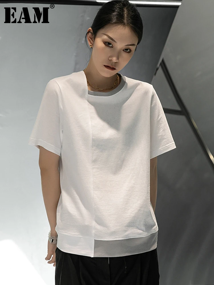 

[EAM] Women White Gray Spliced Big Size Loose Casual T-shirt New Round Neck Short Sleeve Fashion Tide Spring Summer 2022 1DD7725