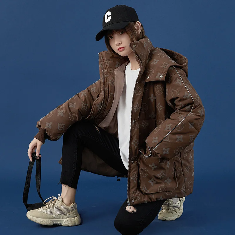 2022 New Printed Reflective Fashion Cute Down Padded Jacket Women's Short Loose Hooded Luminous Jacket