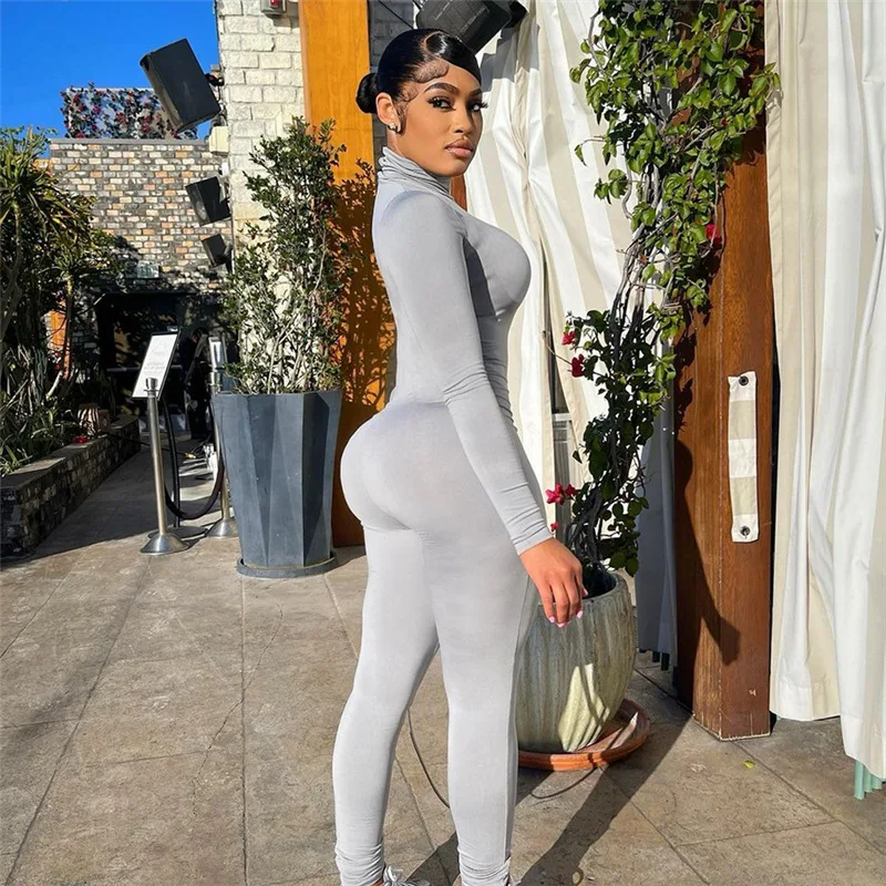 European-American Style New Summer Women's Long-Sleeved Solid Color High-Necked Slim High Waist Hip Lifting Sports Jumpsuit