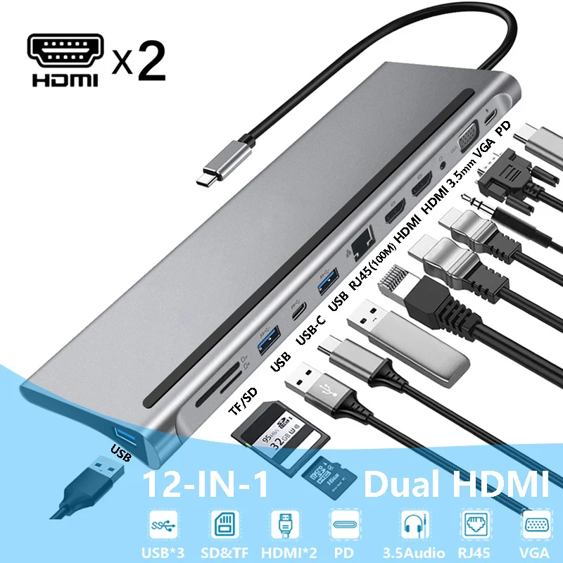 

USB C Dock Dual HDMI-compatible VGA USB Hub Adapter Type C Laptop Docking Station For HP Elitebook Dell XPS Lenovo ThinkPad Asus