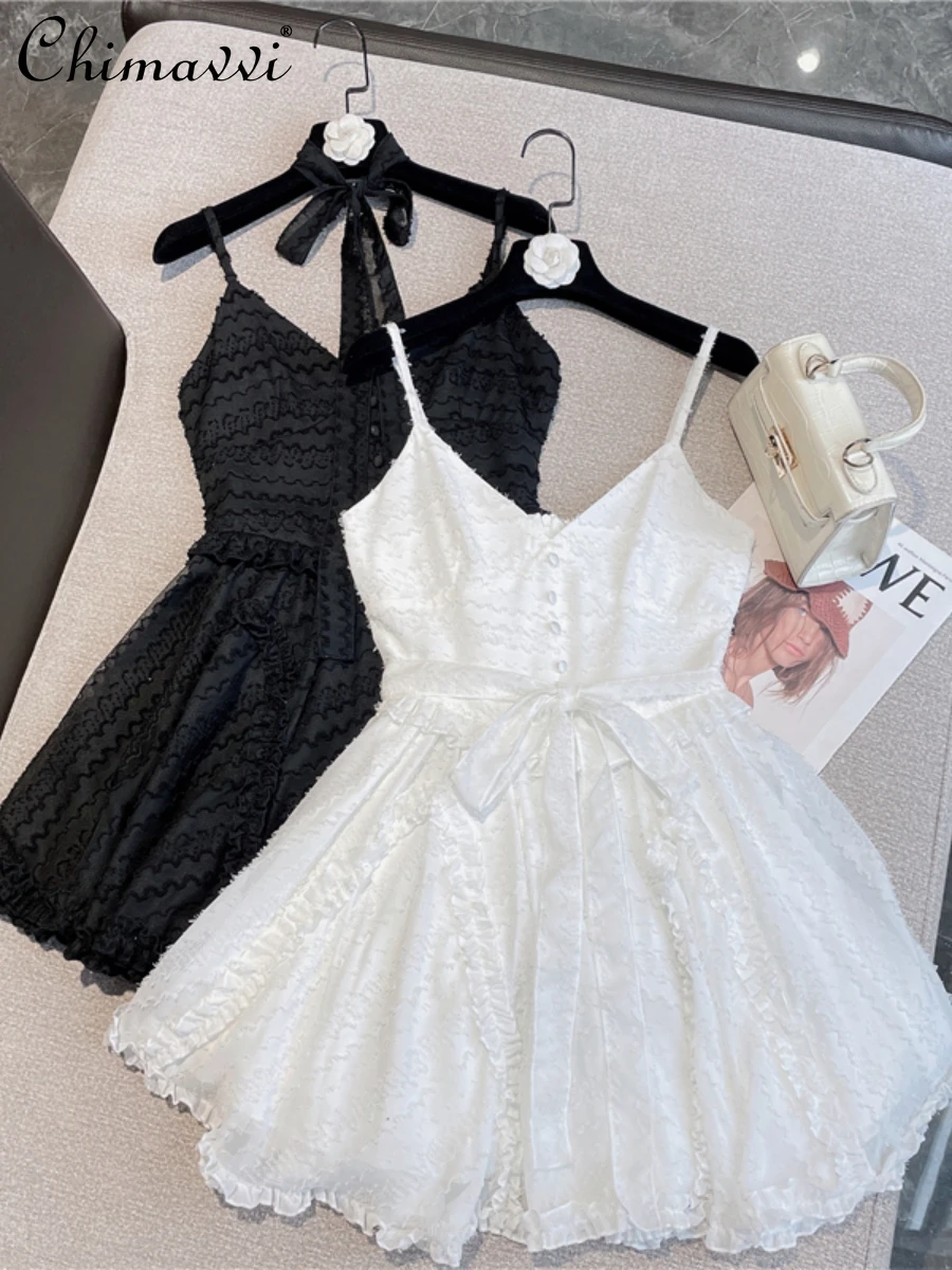 

Summer 2022 New Fashion Solid Color Tied Bow Slim fit Camisole Ladies Dress Sexy V-neck Wave Mesh Lace A-line Dress for Female