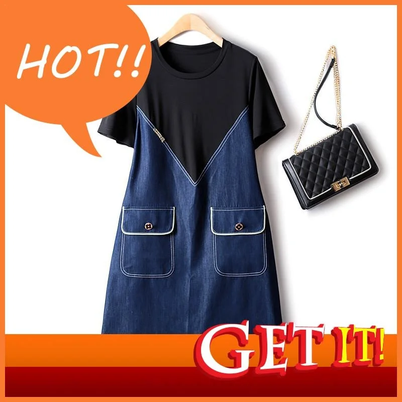 

Summer Dresses Woman European 2023 Retro Korean Fashion Stitching Denim Blue Large Pocket Loose Elegant Casual Party Dress 4XL