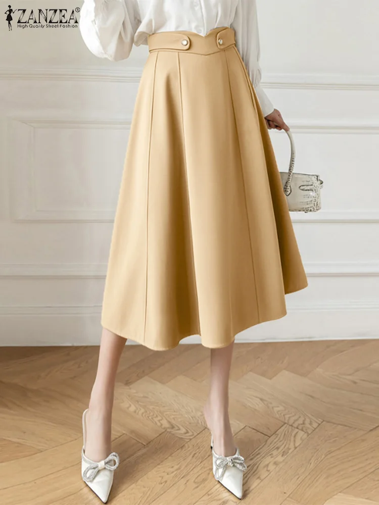 

ZANZEA OL Solid Color Midi Skirt Notched High Waist 2023 Summer Elegant A-line Swing Skirts Seamed Korean Fashion Women Jupes