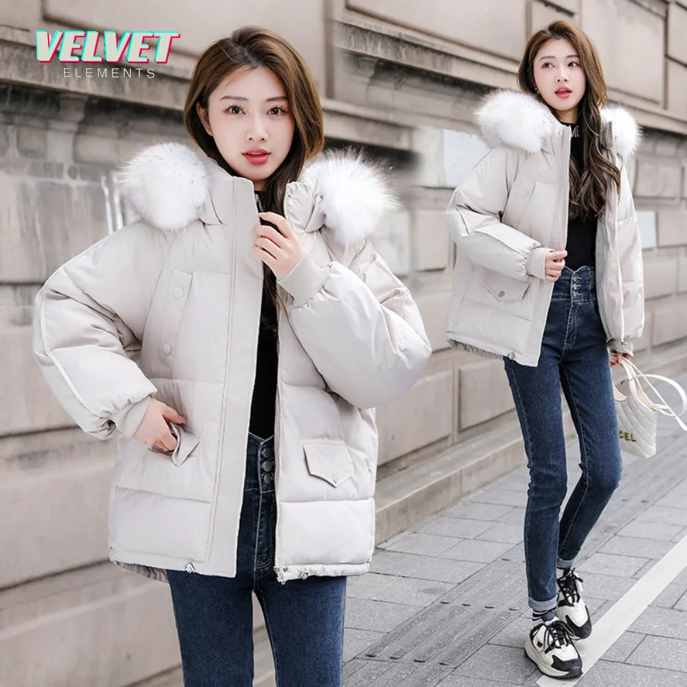 

VE Big Fur Collar Hooded Down Cotton Jacket Coat Woman Loose Casual Short Winter Jacket Korean Thick Parkas Female Warm Overcoat