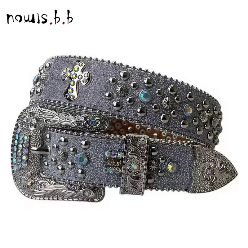 NOWISBB Punk Cross Rhinestones Belt Diamond Bling Men Western Cowgirl Cowboy Luxury Strap Studded Belts Cinturones Para Mujer