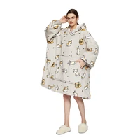 cartoon pattern cat oversized hoodie double weighted blanket with sleeves winter fleece sweatshirt pocket hooded soft blanket
