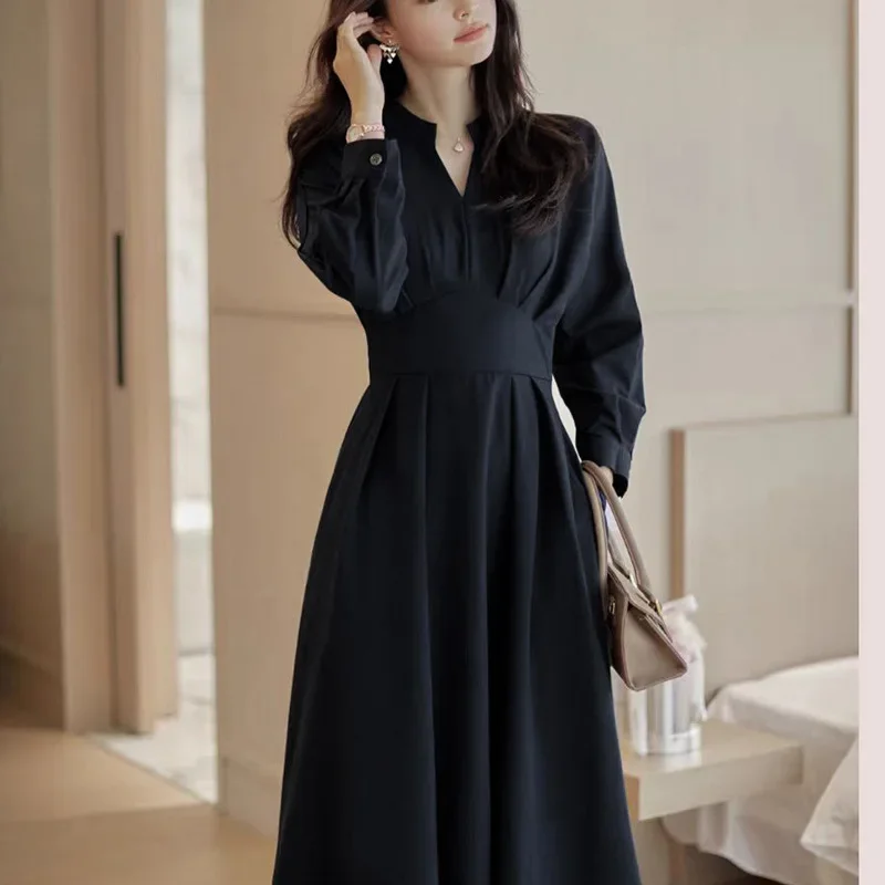 Plus Size QZ035 Women's Clothing V-Neck Dress 2024 Autumn New Style Waist-Fitted Slimming Long Large
