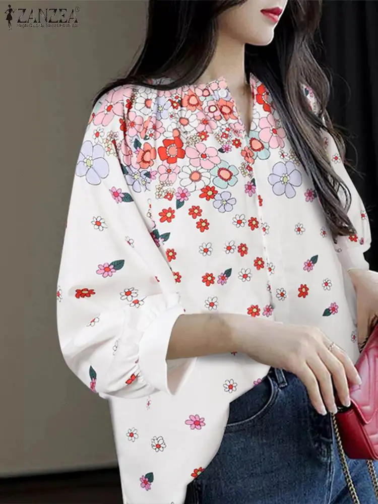 

Женская Повседневная Свободная Праздничная блузка ZANZEA, осень 2023, рубашки с рукавами-фонариками, модные плиссированные топы с круглым вырезом, блузка с цветочным принтом