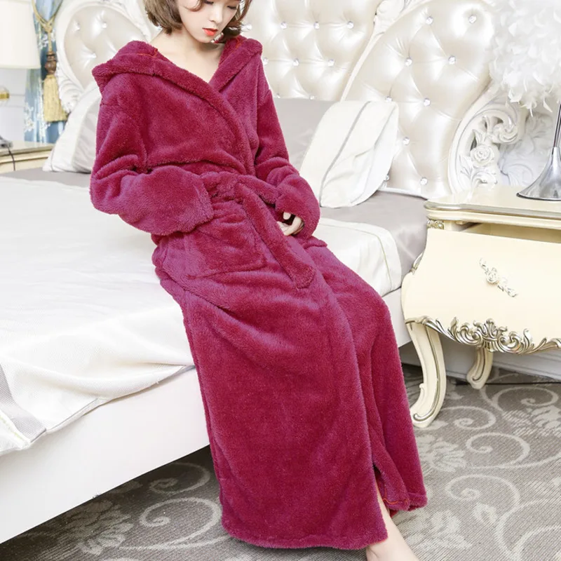 Winter Womens Bathrobe Flannel Fleece Hood Warm Thicken Robe Gowns Couples Thermal Homewear Robes Sleepwear Night Dressing Gown