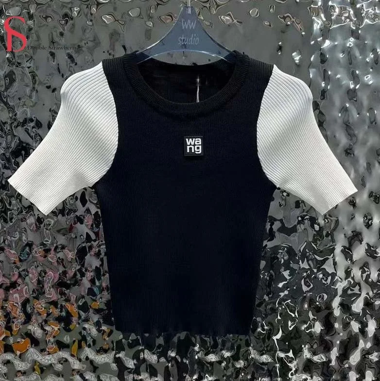 

Knit Tshirt Summer Spring Aw Wang Women's Black and White Color Matching Slim T-shrits Tops