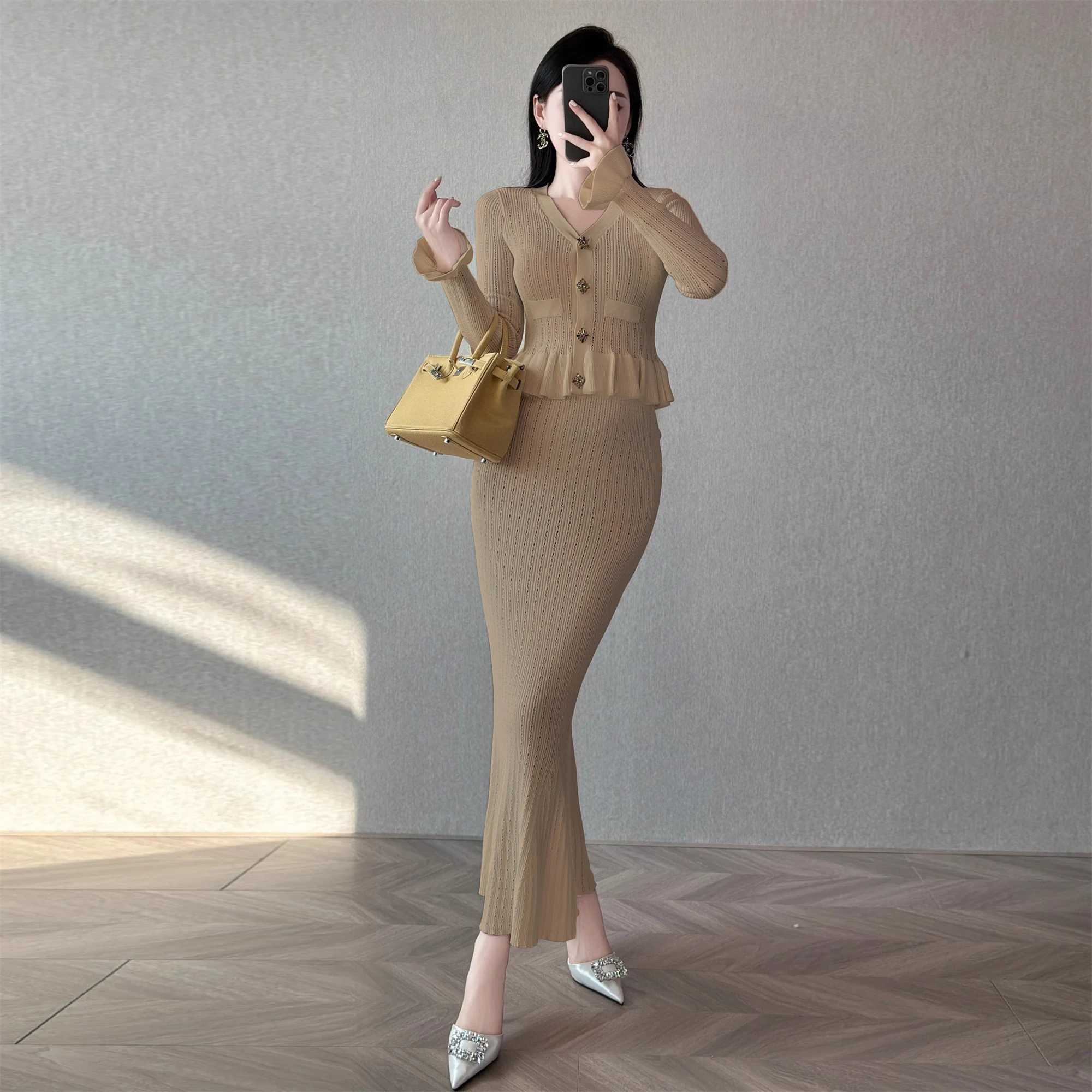 YuooMuoo Роскошное Вязаное Платье Макси Вечернее В Стиле Русалки С Подплечниками