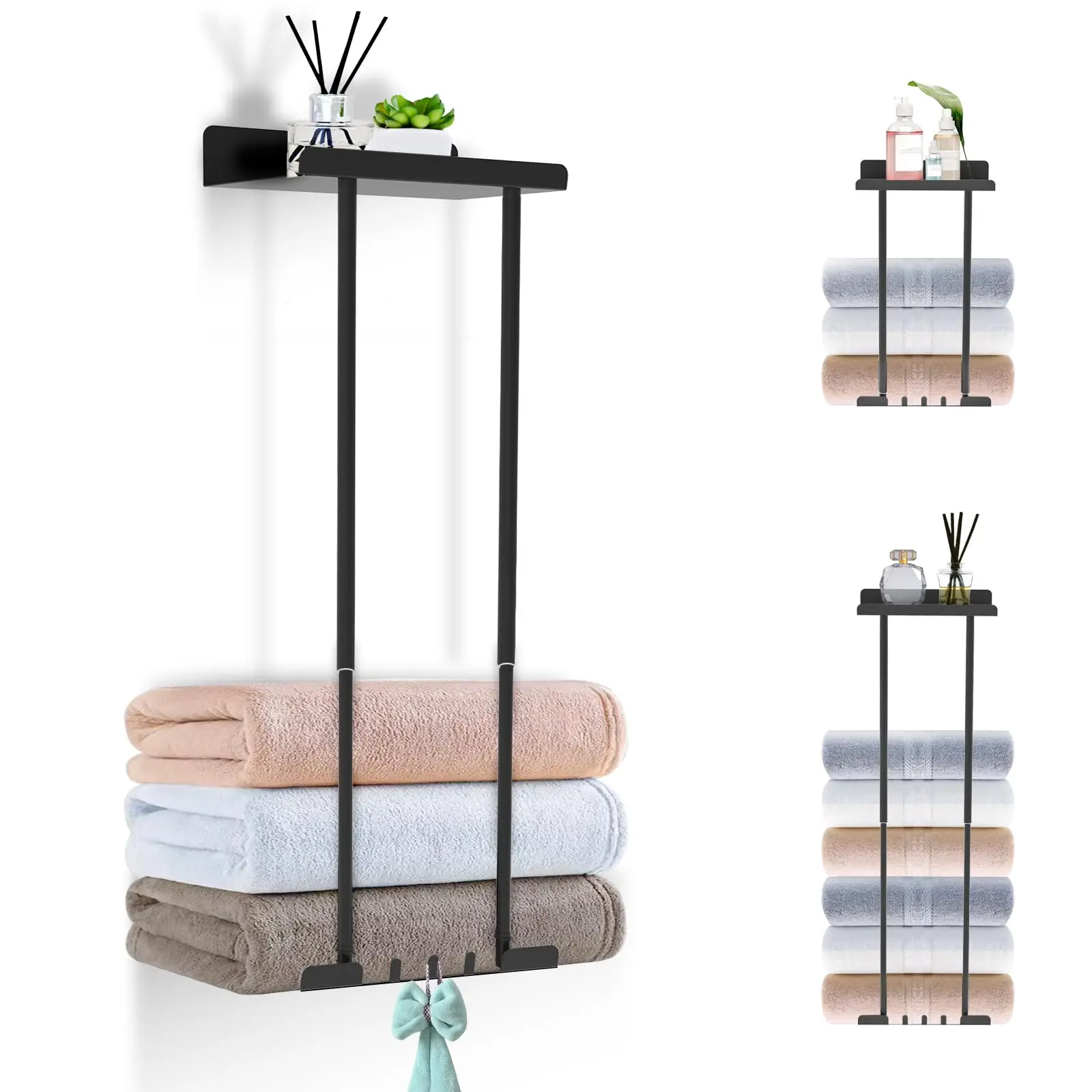 

Towel Rack for Bathroom Retractable Towel Holder with Hooks Height Adjustable Wall Mounted Adhesive Washcloth Storage Organizer