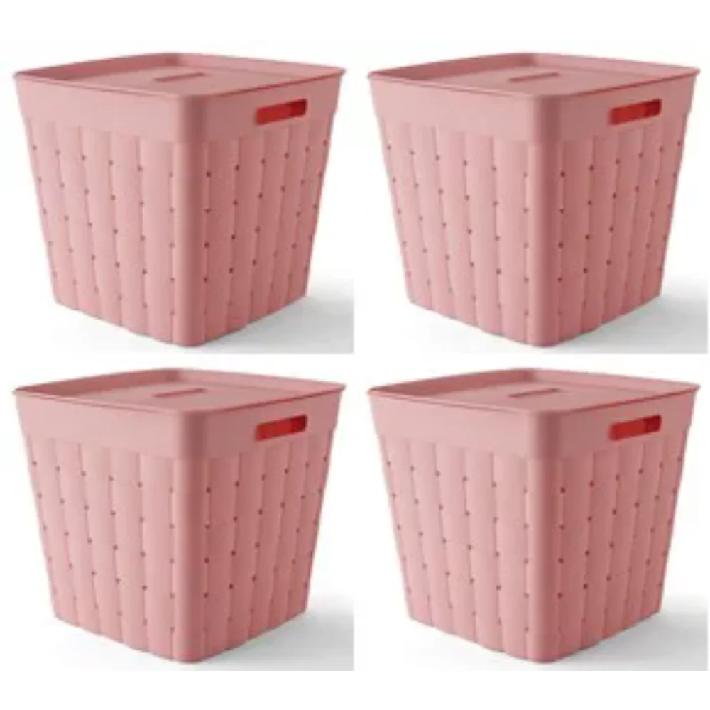

Child and Teen Plastic Wide Weave Pink Stacking Storage Bin with Lid, 4 Pack Storage Organizer