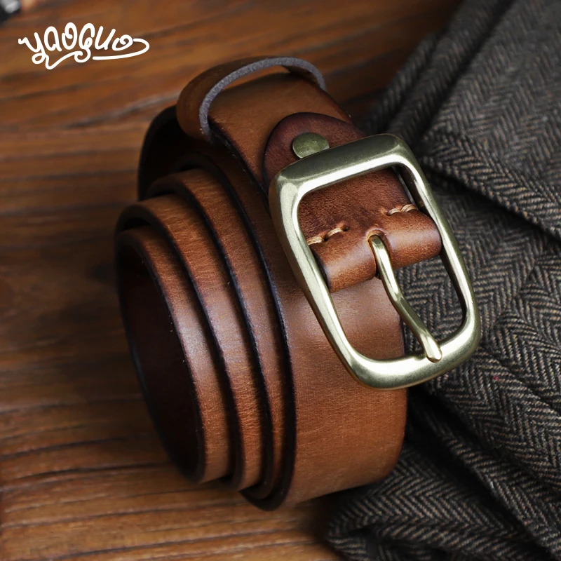 Retro Genuine Leather Men's Belt Handmade Cowhide Copper Buckle Belts Male For Jeans High Quality Leather Belts Cowboy