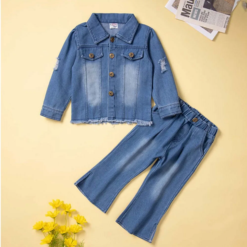 

Baby Girl Casual Denim Tops+Pants Fashio Long Sleeves Coat for Children Clothing Suit Autumn Outerwear Jean Jackets Kids 2022