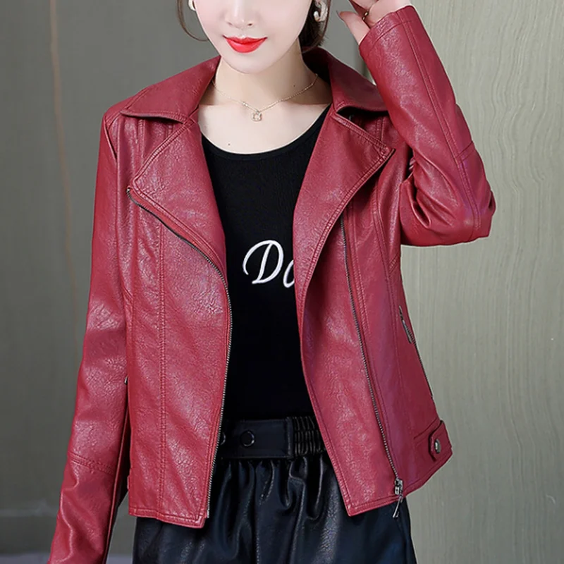Women's New 2022 Autumn and Winter Fashion Imitation Leather Suit Collar Single-breasted Temperament Long-sleeved Leather Jacket