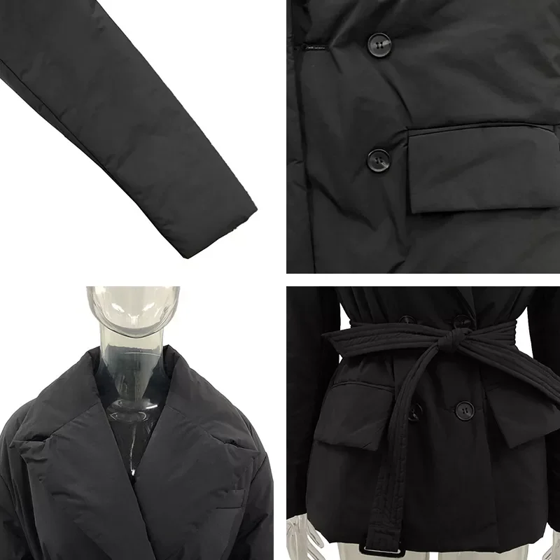 2022New Simple Pockets Parkas Women Fashion Double Breasted Coats Women Solid Tie Belt Notched Cotton Jackets Ladies