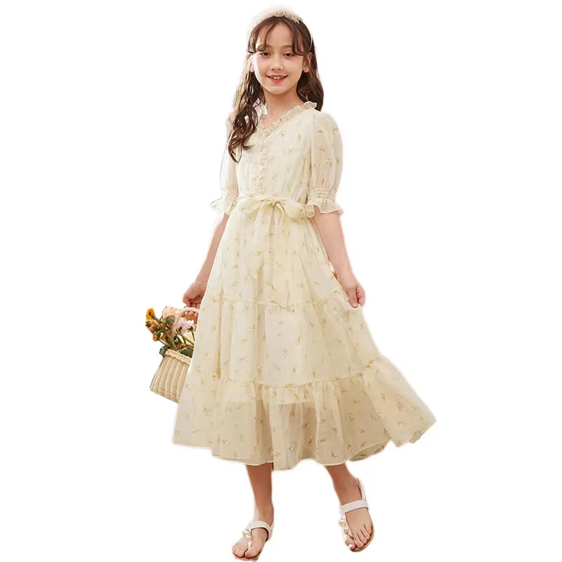 

Girls 2023 Summer New Dress Youth Chiffon Waist Princess Skirt Children Pastoral Style Clothes 6 8 10 12 14 16 Years