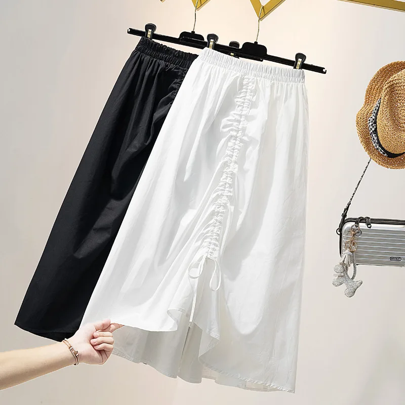 White Black Drawstring Skirts Women 2022 Summer Fashion All-match Irregular Skirt Female Long A-line Skirts Jupe Longue