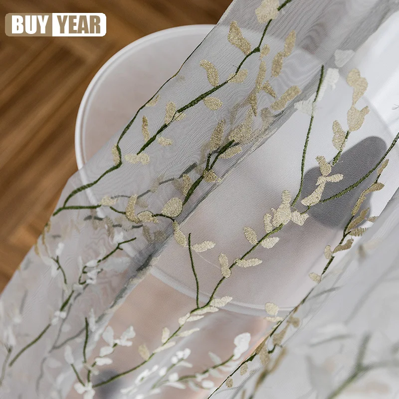 Оконные шторы с вышивкой в виде листьев для спальни пасторальные тюлевые