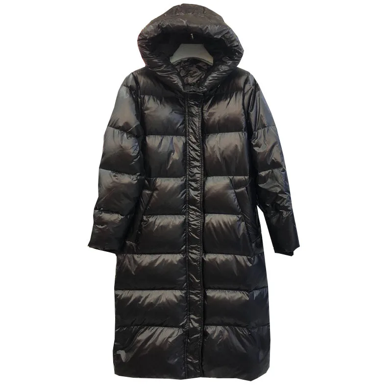 Women's 2023 New Mid-Length below-the-Knee Length Thickened Large Size White Duck down Coat Hooded Glossy down Jacket