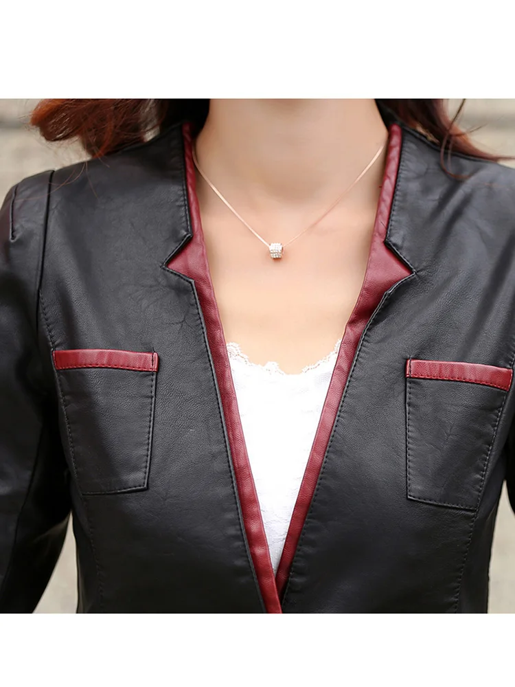 New Women Leather Jacket Spring Autumn Fashion Trend Splice V-Neck Slim Waist Cool Style Sheepskin Short Coat Split Leather