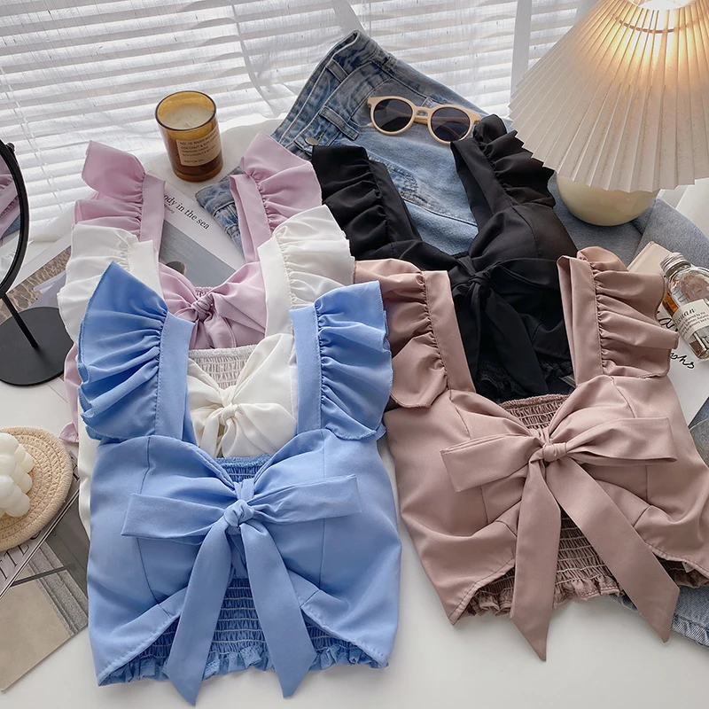 

Bow Tie Lace-up Floral Print Camisole Short Female 2022 Summer Women Sleeveless V-neck Pleated Ruffled Camisole