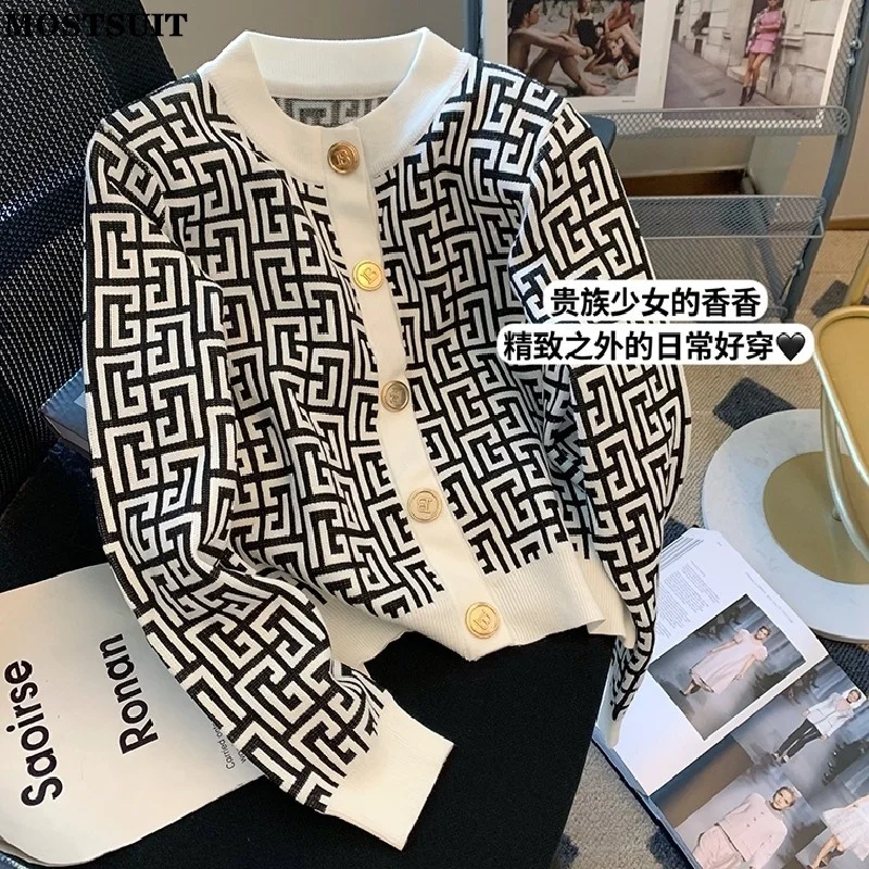 

Fashion Jacquard Knitted Women Cardigan Sweater Autumn Streetwear Korean Vintage Ladies Chic Jumper Tops Long Sleeve O-neck