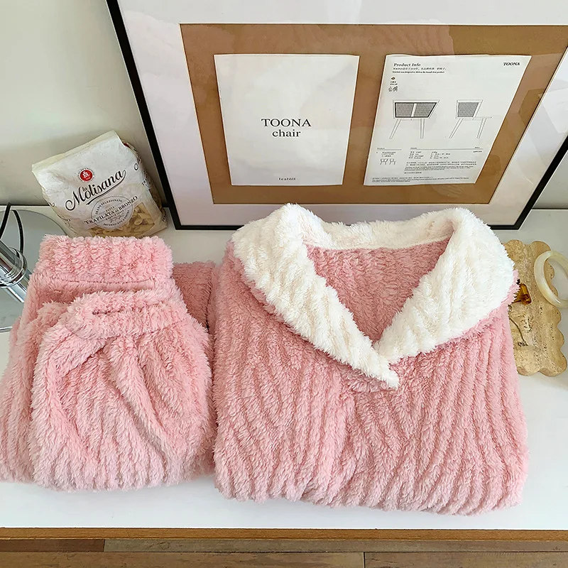 Утолщенная фланелевая женская пижама комплект из 2 предметов Пижамный костюм для