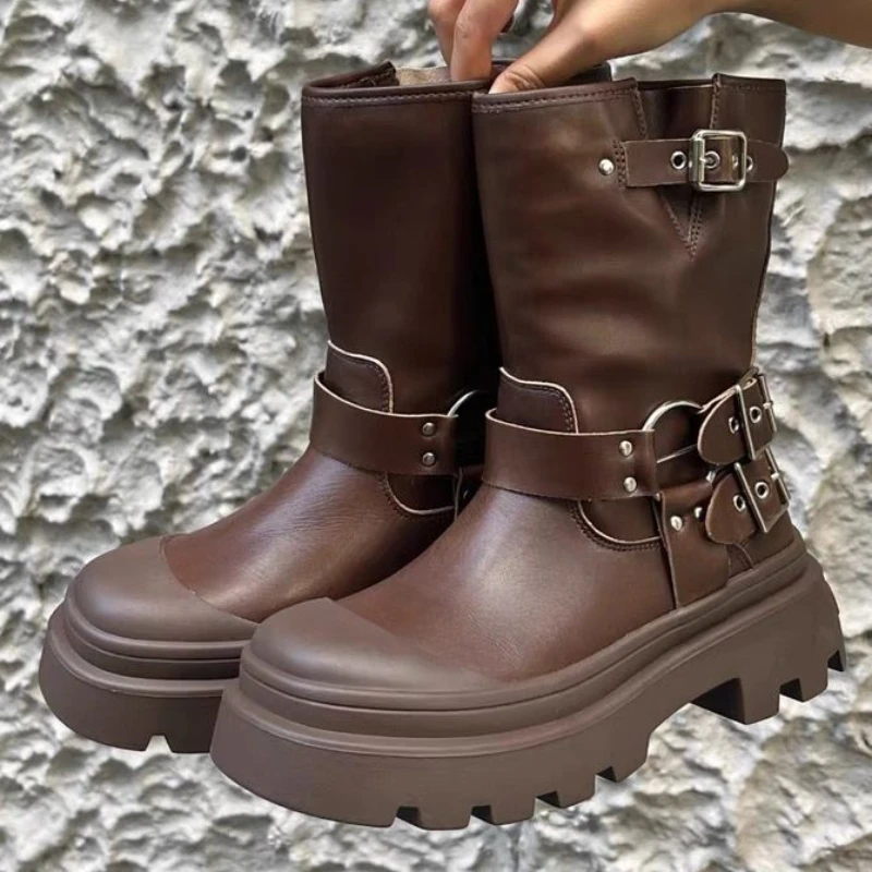

2023 Shoes for Women Slip on Women's Boots Autumn Round Toe Solid Buckle Decoration Platform Water Proof Mid Calf Western Boots