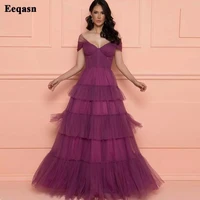 eeqasn elegant a line tiered soft tulle prom dresses pleats off the shoulder formal evening gowns long women wedding party dress