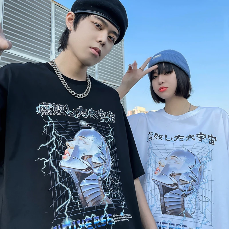 

Oversized Men T Shirt Hip Hop Streetwear Lightning Space Robot T-Shirt 2022 Harajuku Japanese Kanji Tops Tees Short Sleeve