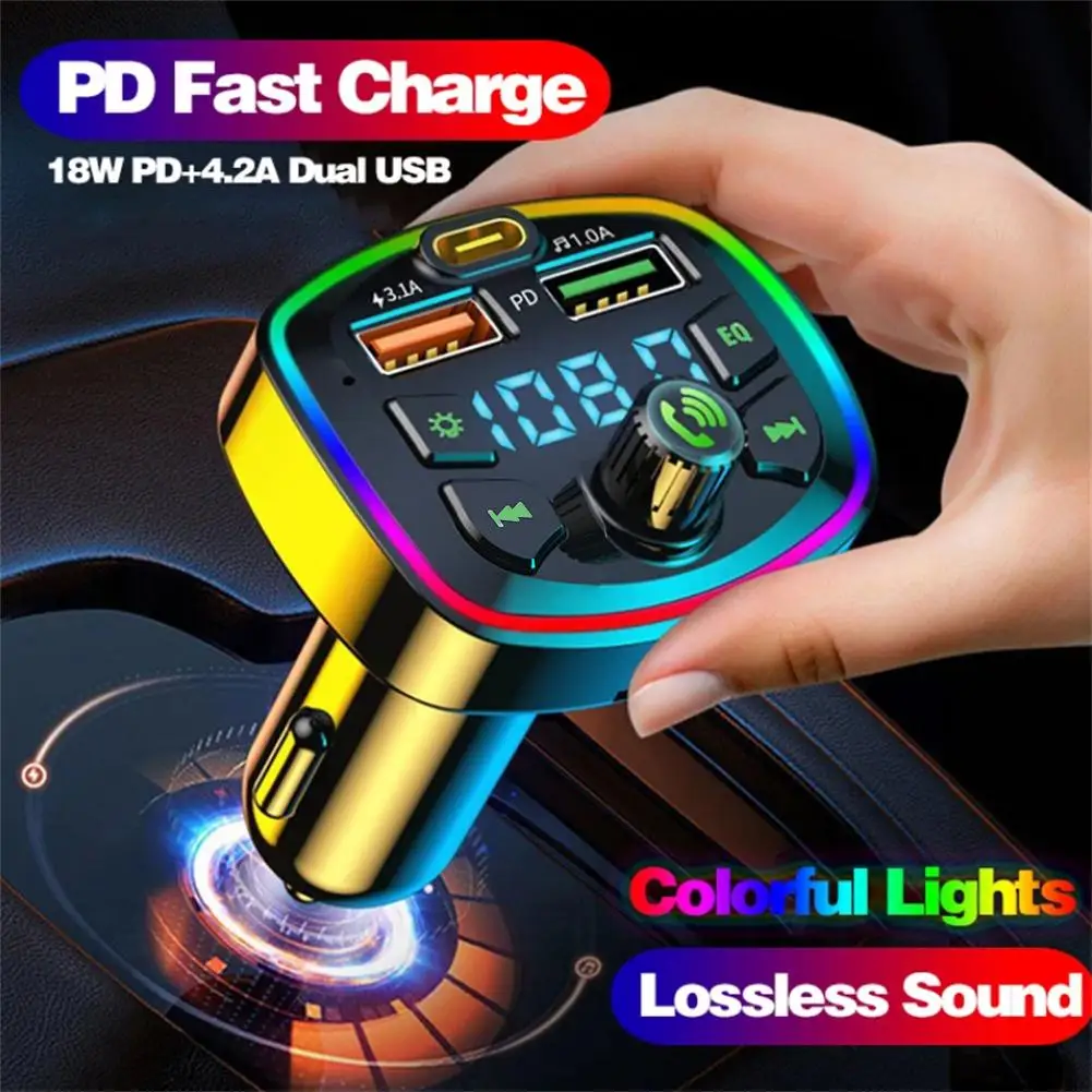 Bluetooth-compatible 5.0 Car FM Transmitter PD 18W Type-C Dual USB 4.2A Fast Charger Colorful Ambient Light Cigarette lighter