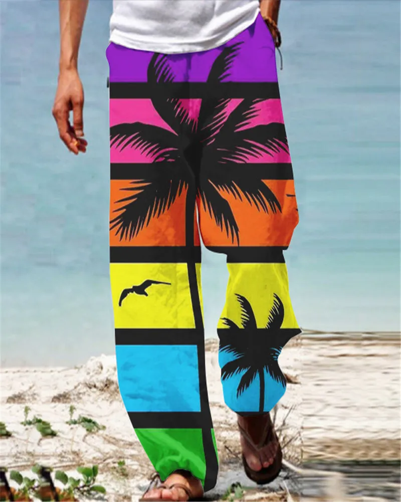 Spring Men's Casual Pants Daily Wear Coconut Tree 3D Full Length Pants Mid Waist Pocket Drawstring Trousers Streetwear Bottom