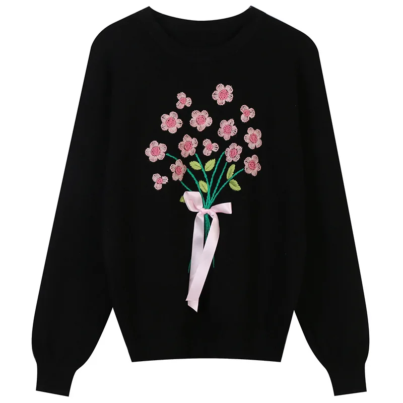 

Women Floral Embroidered Sweater Fashion Oversized Pullovers Laides Winter Loose Knitting Tops C-100