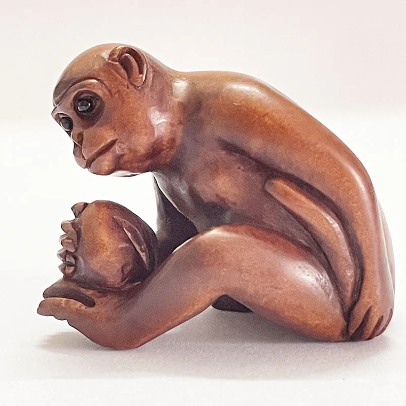 

2 INCH Japanese Boxwood Hand Carved Netsuke Sculpture Miniature erocious Smart Monkey - #ZY78