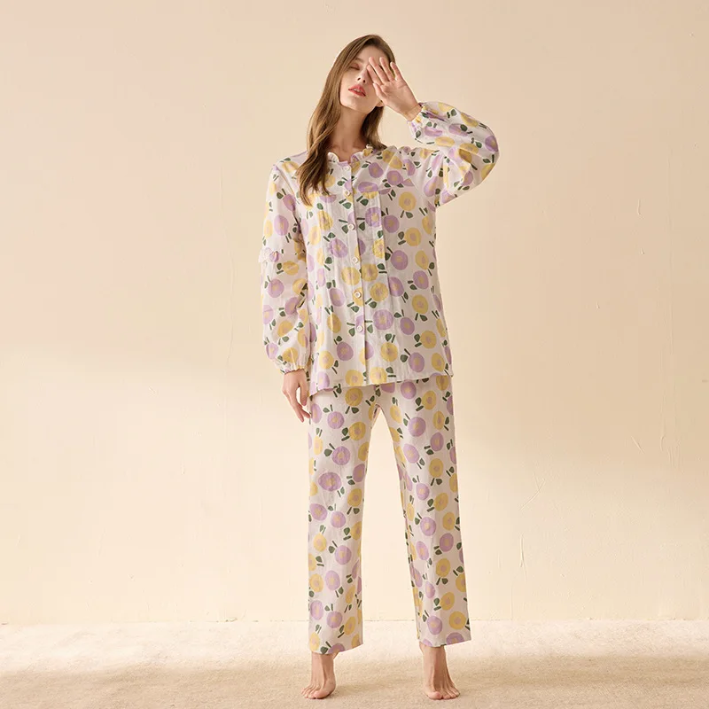 2022 New Summer 40S Double Fiber 100% Cotton Pajamas Sets Women Homewear High Quality Full Sleeve Night Sleep Pants