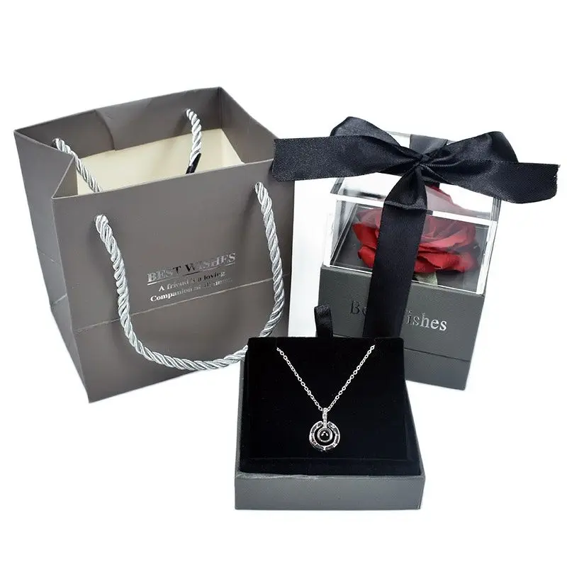 

High Quality Beautiful Red Rose Flower Jewelry Box with 100 Language I Love you Necklace For Girlfriend Mother Gift