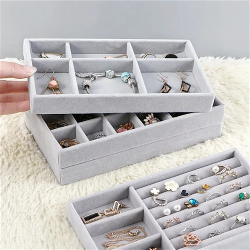 

Upgrade Velvet Jewelry Storage Box Necklace Stackable Display Tray Bracelet Earring Organizers Diy Handicrafts Drawer Box Grey