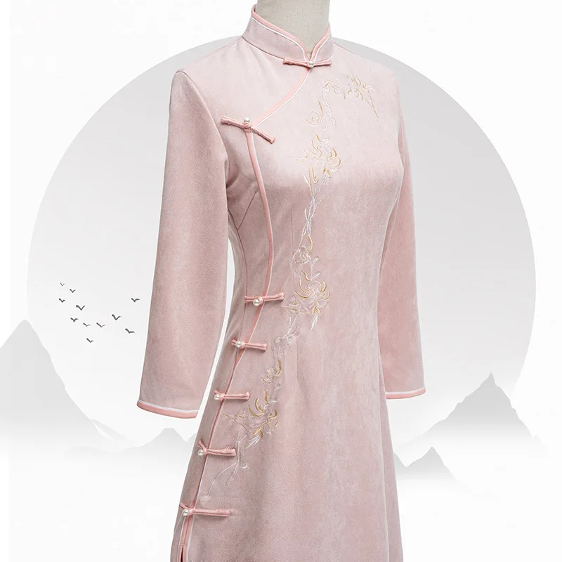 

Женское приталенное платье Ципао в китайском стиле, элегантный длинный Восточный традиционный костюм белого и розового цвета с вышивкой в ретро-стиле для девушек