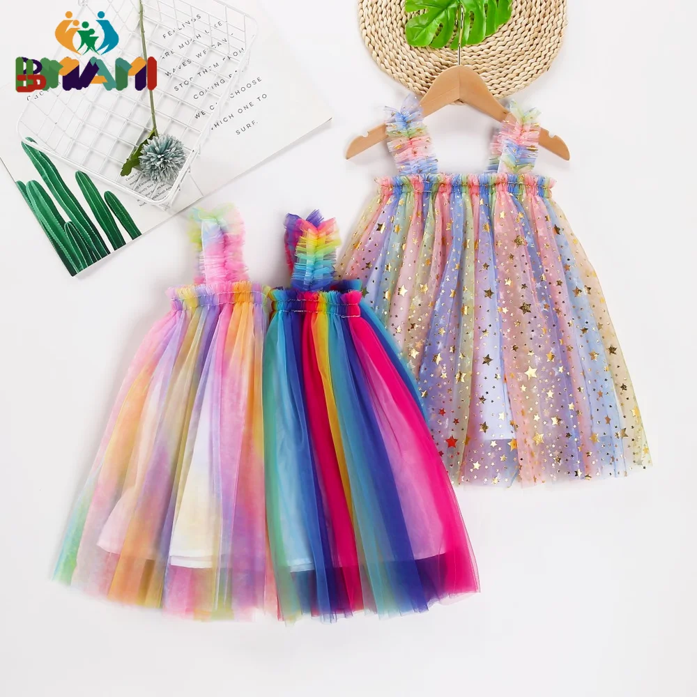 

Летнее платье для девочек, Новое поступление, детское Пастельное Радужное платье, платье принцессы длиной до щиколотки с блестками, повседневная одежда для девочек