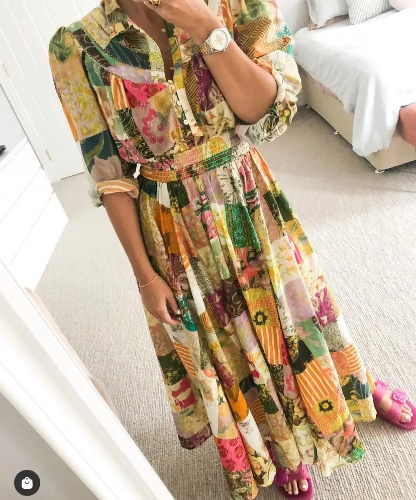 

Женское пляжное платье с рукавами-фонариками, длинное лоскутное платье с принтом морских берегов, вышивкой и эластичной талией для отдыха н...