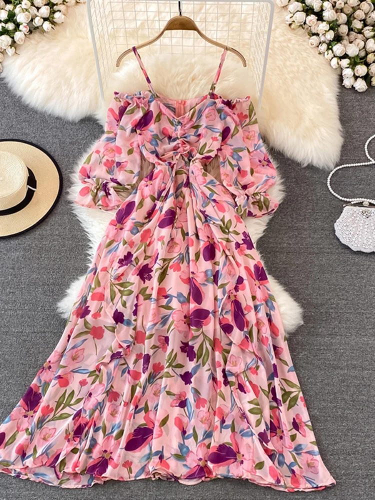 

Women Beach Broken flowers Chiffon Dress Sexy Slash Neck Strap Off Shoulder Vacation Party Vestidos Ladies puff sleeve Robe 2022