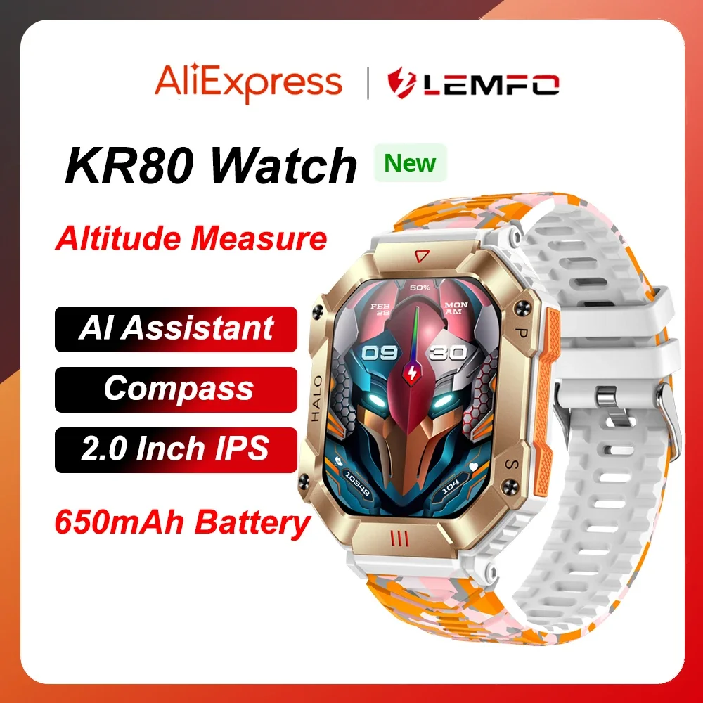 

KR80 Men Smart Watch Altitude Measure Air Pressure Measure Compass AI Voice Assistant Compass 650mAh Battery BT5.1 2023