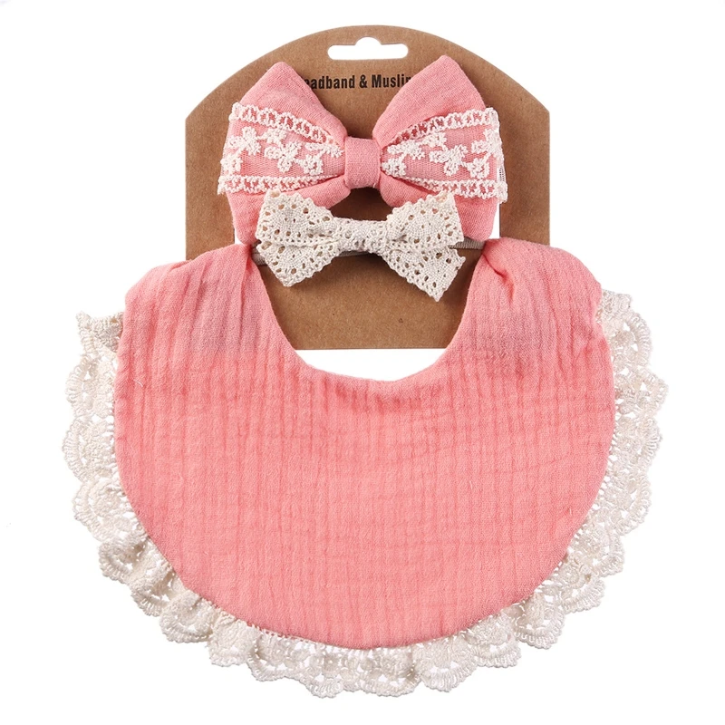 

Baby Feeding Drool Bib Lace Headband Set Soft Cotton Saliva Towel Bandana Burp Cloth Hair Band for Newborn Toddler Gifts