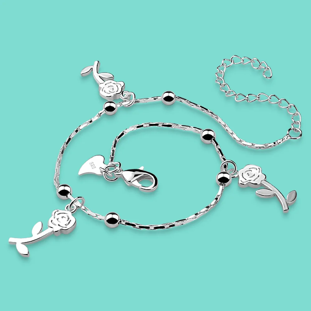 

Summer Popular Jewelry Women's 925 Sterling Silver Anklet Rose Pendant Silver Chain 27CM Beach Ankle Jewelry Gift