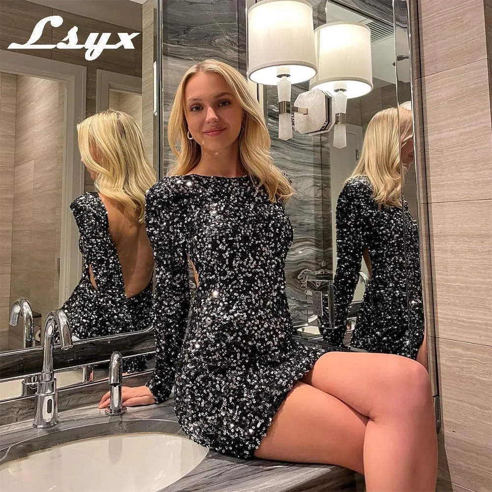LSYX Black Sequins Glitter Sexy Prom Dress 2023 Long Sleeves Backless Short Mini Evening Gowns Party